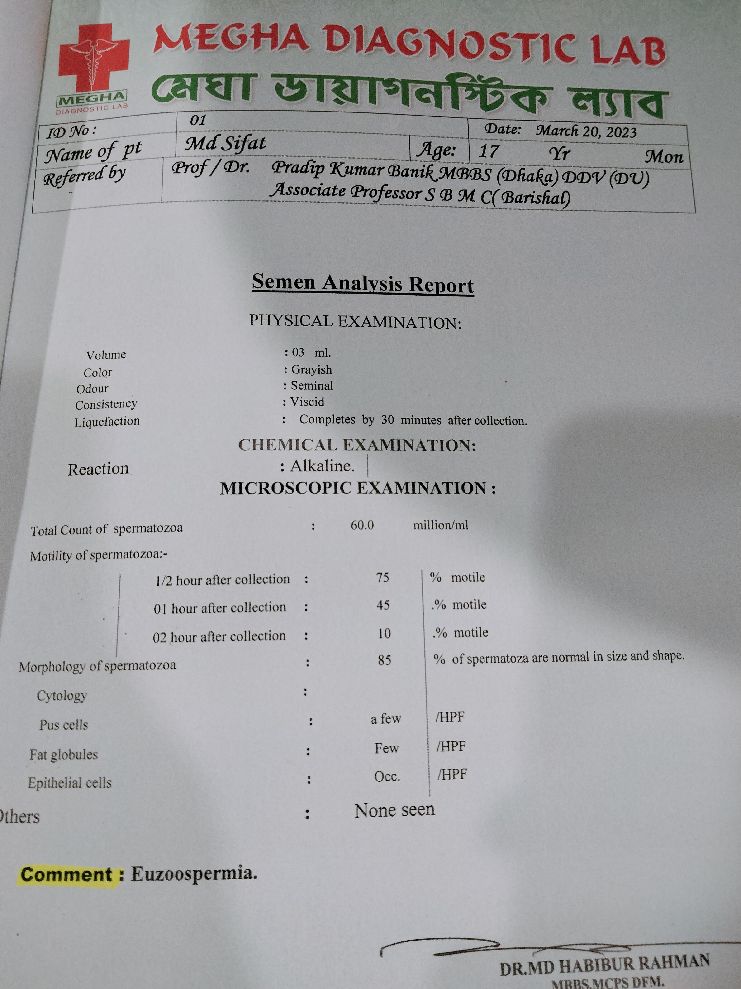 এই সিমেন এনালাইসিস এ কি ঠিক আছে বা কি  কি ঘাটতি আছে.?